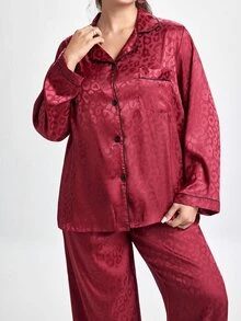 Slumbrini Plus Size Satin PJS With Lapel Neckline And Stylish Pocket In Rich Burgundy PJS Curvy PJSs Cozy And Elegant Details, Fall Winter Clothes - Burgundy - View 8