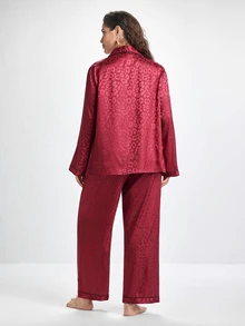 Slumbrini Plus Size Satin PJS With Lapel Neckline And Stylish Pocket In Rich Burgundy PJS Curvy PJSs Cozy And Elegant Details, Fall Winter Clothes - Burgundy - View 2