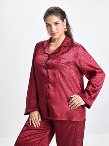 Slumbrini Plus Size Satin PJS With Lapel Neckline And Stylish Pocket In Rich Burgundy PJS Curvy PJSs Cozy And Elegant Details, Fall Winter Clothes - Burgundy - View 7