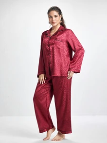 Slumbrini Plus Size Satin PJS With Lapel Neckline And Stylish Pocket In Rich Burgundy PJS Curvy PJSs Cozy And Elegant Details, Fall Winter Clothes - Burgundy - View 5