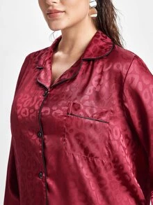 Slumbrini Plus Size Satin PJS With Lapel Neckline And Stylish Pocket In Rich Burgundy PJS Curvy PJSs Cozy And Elegant Details, Fall Winter Clothes - Burgundy - View 9