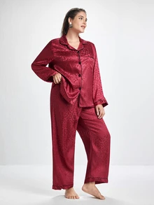 Slumbrini Plus Size Satin PJS With Lapel Neckline And Stylish Pocket In Rich Burgundy PJS Curvy PJSs Cozy And Elegant Details, Fall Winter Clothes - Burgundy - View 4