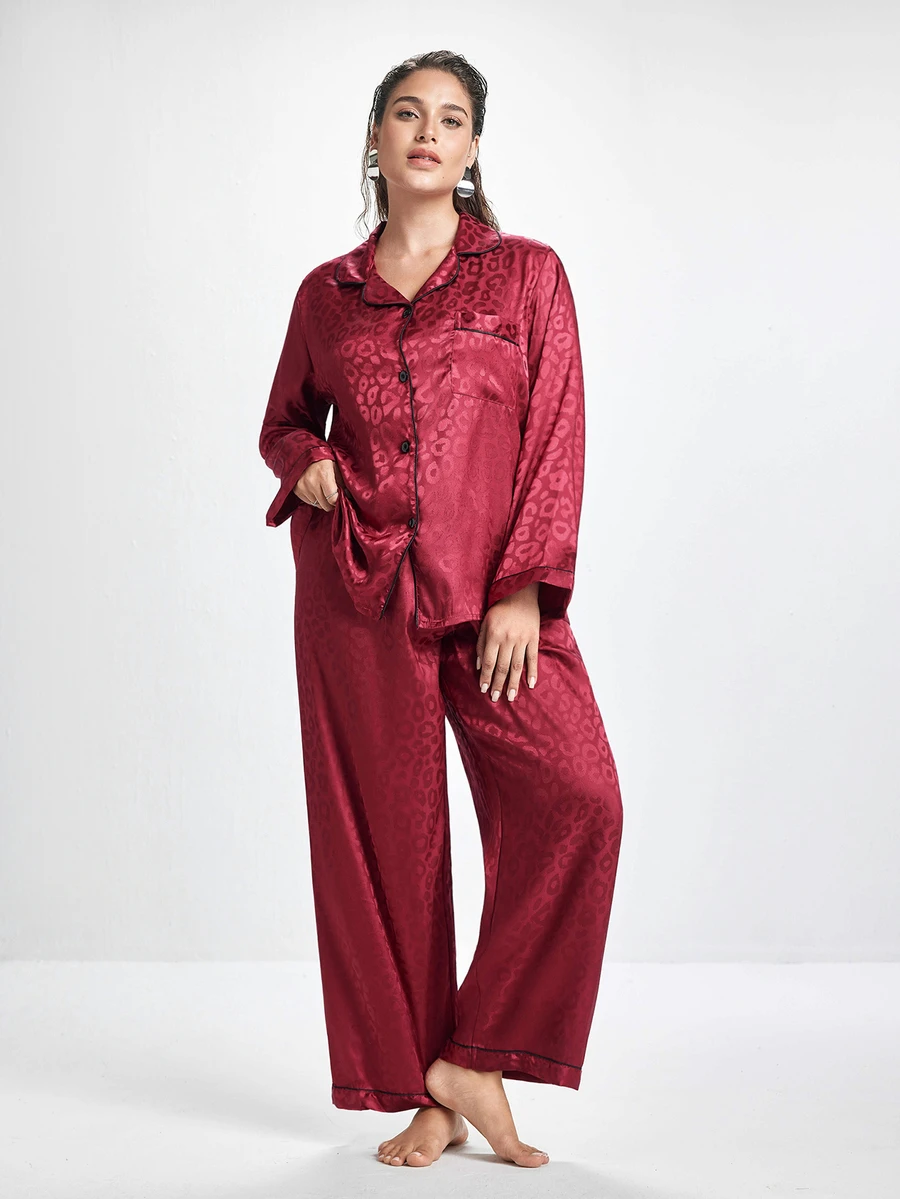 Slumbrini Plus Size Satin PJS With Lapel Neckline And Stylish Pocket In Rich Burgundy PJS Curvy PJSs Cozy And Elegant Details, Fall Winter Clothes - Burgundy - View 1