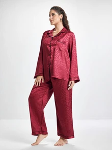 Slumbrini Plus Size Satin PJS With Lapel Neckline And Stylish Pocket In Rich Burgundy PJS Curvy PJSs Cozy And Elegant Details, Fall Winter Clothes - Burgundy - View 6