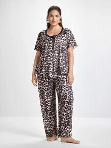 Slumbrini Plus Size Asymmetrical Design Fashionable Leopard Print Lace Trim Women Casual Sleepwear Set, Outfits - Multicolor - View 3