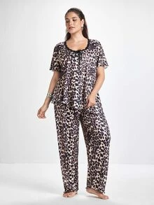 Slumbrini Plus Size Asymmetrical Design Fashionable Leopard Print Lace Trim Women Casual Sleepwear Set, Outfits - Multicolor - View 4