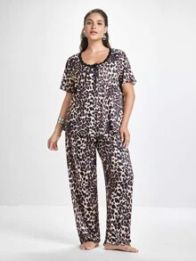 Slumbrini Plus Size Asymmetrical Design Fashionable Leopard Print Lace Trim Women Casual Sleepwear Set, Outfits - Multicolor - View 1