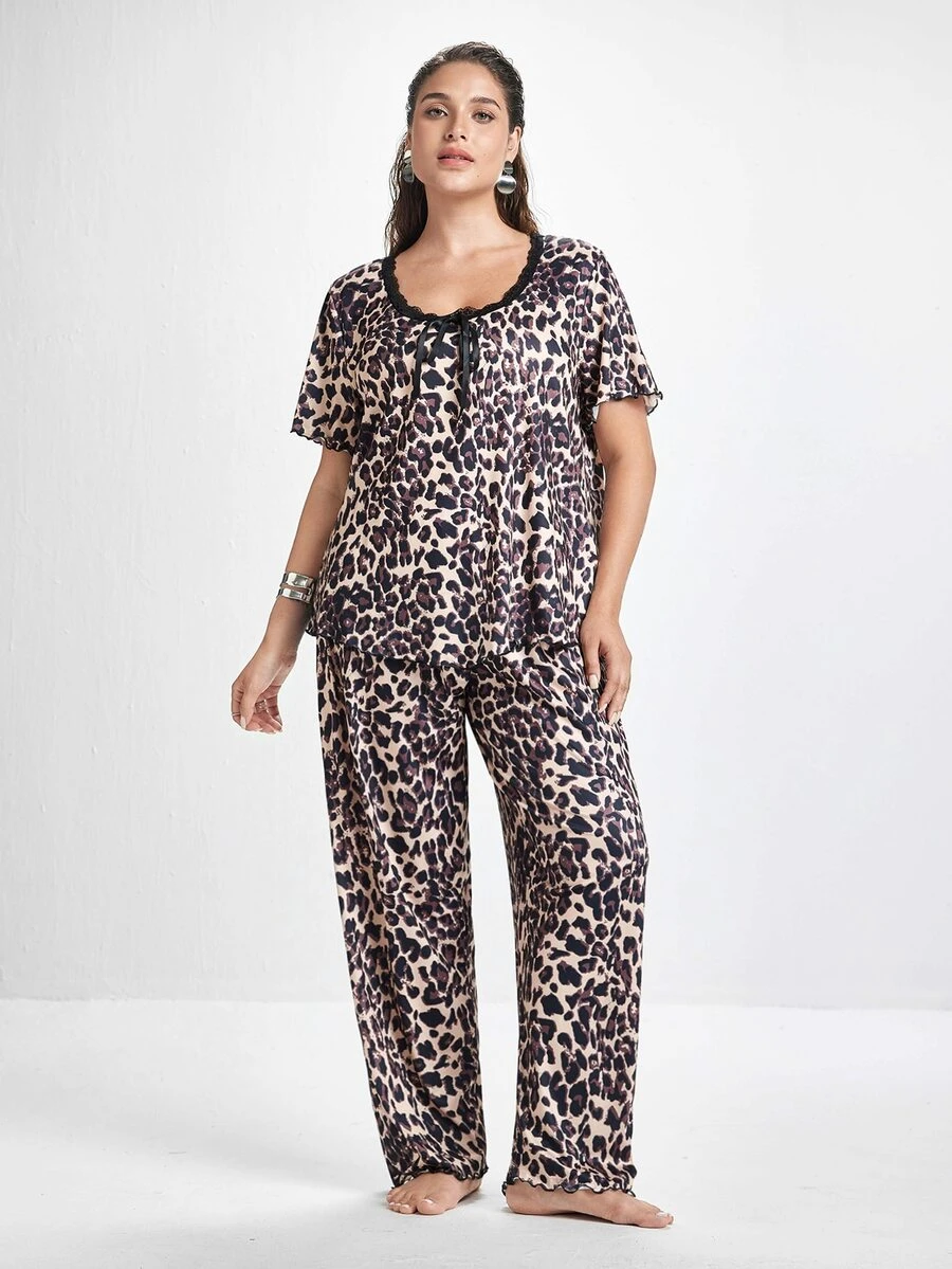 Slumbrini Plus Size Asymmetrical Design Fashionable Leopard Print Lace Trim Women Casual Sleepwear Set, Outfits - Multicolor - View 1