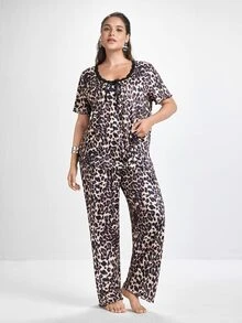 Slumbrini Plus Size Asymmetrical Design Fashionable Leopard Print Lace Trim Women Casual Sleepwear Set, Outfits - Multicolor - View 5