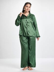 Slumbrini Plus Size Leopard Print Jacquard Faux Silk Lapel Top & Pants Pajama Set, Fall Winter Clothes, Christmas - Green - View 3