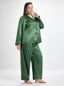 Slumbrini Plus Size Leopard Print Jacquard Faux Silk Lapel Top & Pants Pajama Set, Fall Winter Clothes, Christmas - Green - View 6