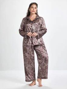 Slumbrini 大码佩斯利花纹仿丝绸睡衣套装，秋冬服装 - 摩卡棕 - 查看 1