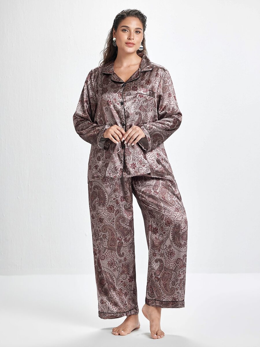 Slumbrini 大码佩斯利花纹仿丝绸睡衣套装,秋冬服装 - 摩卡棕 - 查看 1