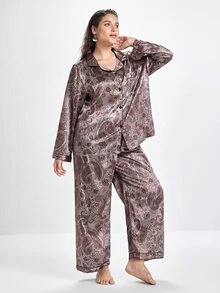 Slumbrini 大码佩斯利花纹仿丝绸睡衣套装，秋冬服装 - 摩卡棕 - 查看 5