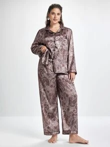 Slumbrini 大码佩斯利花纹仿丝绸睡衣套装，秋冬服装 - 摩卡棕 - 查看 6