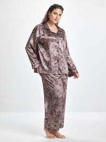 Slumbrini 大码佩斯利花纹仿丝绸睡衣套装，秋冬服装 - 摩卡棕 - 查看 4
