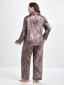 Slumbrini 大码佩斯利花纹仿丝绸睡衣套装，秋冬服装 - 摩卡棕 - 查看 2