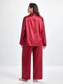 Slumbrini Plus Size Striped Jacquard Faux Silk Lapel Pajama Set, Fall & Winter Clothes - Burgundy - View 2