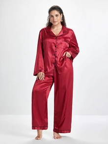 Slumbrini Plus Size Striped Jacquard Faux Silk Lapel Pajama Set, Fall & Winter Clothes - Burgundy - View 1