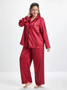 Slumbrini Plus Size Striped Jacquard Faux Silk Lapel Pajama Set, Fall & Winter Clothes - Burgundy - View 6