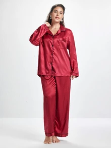 Slumbrini Plus Size Striped Jacquard Faux Silk Lapel Pajama Set, Fall & Winter Clothes - Burgundy - View 4