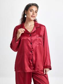 Slumbrini Plus Size Striped Jacquard Faux Silk Lapel Pajama Set, Fall & Winter Clothes - Burgundy - View 8