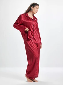 Slumbrini Plus Size Striped Jacquard Faux Silk Lapel Pajama Set, Fall & Winter Clothes - Burgundy - View 3