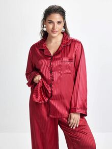 Slumbrini Plus Size Striped Jacquard Faux Silk Lapel Pajama Set, Fall & Winter Clothes - Burgundy - View 7