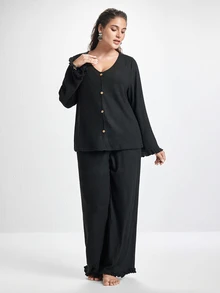 Slumbrini Soft Rib Knit Ruffle Trim Front Button Decor Romantic Elegant Loungewear Casual Plus Size Pajama Set - Black - View 5