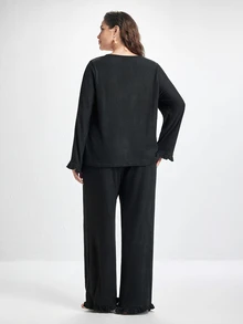 Slumbrini Soft Rib Knit Ruffle Trim Front Button Decor Romantic Elegant Loungewear Casual Plus Size Pajama Set - Black - View 2