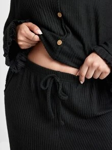 Slumbrini Soft Rib Knit Ruffle Trim Front Button Decor Romantic Elegant Loungewear Casual Plus Size Pajama Set - Black - View 8