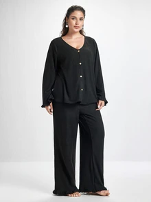 Slumbrini Soft Rib Knit Ruffle Trim Front Button Decor Romantic Elegant Loungewear Casual Plus Size Pajama Set - Black - View 7
