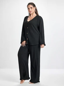Slumbrini Soft Rib Knit Ruffle Trim Front Button Decor Romantic Elegant Loungewear Casual Plus Size Pajama Set - Black - View 6