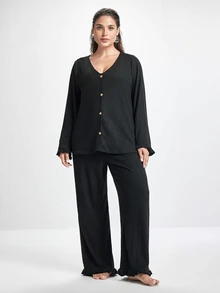 Slumbrini Soft Rib Knit Ruffle Trim Front Button Decor Romantic Elegant Loungewear Casual Plus Size Pajama Set - Black - View 1