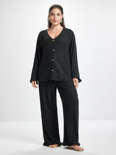 Slumbrini Soft Rib Knit Ruffle Trim Front Button Decor Romantic Elegant Loungewear Casual Plus Size Pajama Set