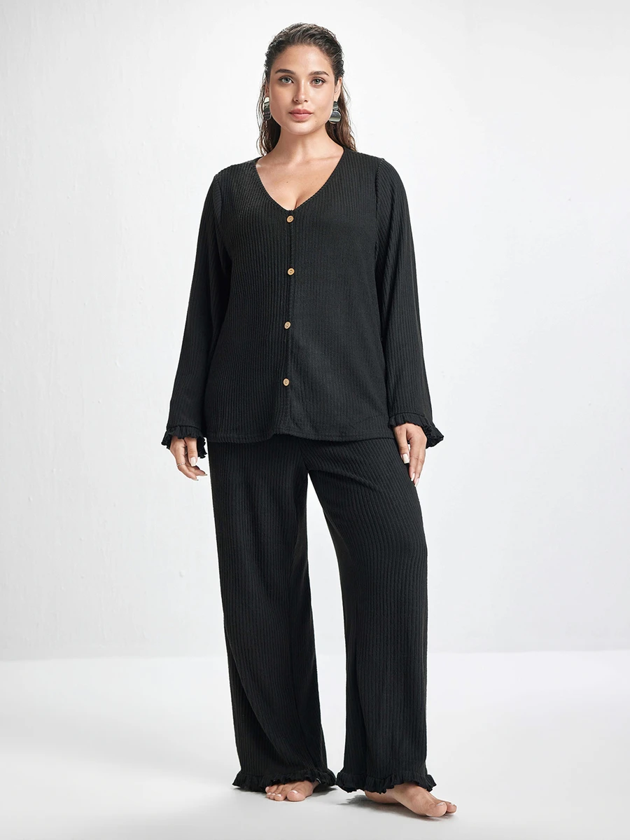 Slumbrini Soft Rib Knit Ruffle Trim Front Button Decor Romantic Elegant Loungewear Casual Plus Size Pajama Set - Black - View 1