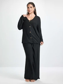 Slumbrini Soft Rib Knit Ruffle Trim Front Button Decor Romantic Elegant Loungewear Casual Plus Size Pajama Set - Black - View 3