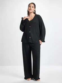 Slumbrini Soft Rib Knit Ruffle Trim Front Button Decor Romantic Elegant Loungewear Casual Plus Size Pajama Set - Black - View 4