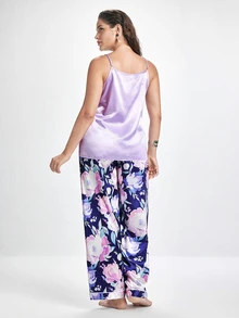 Slumbrini Mature Elegant Floral Pattern & Solid Color Camisole & Pants Plus Size Women Pajama Set - Purple - View 2