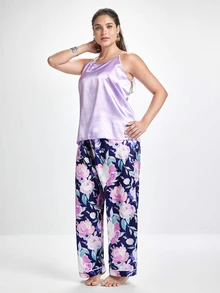 Slumbrini Mature Elegant Floral Pattern & Solid Color Camisole & Pants Plus Size Women Pajama Set - Purple - View 6
