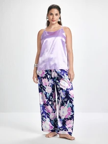 Slumbrini Mature Elegant Floral Pattern & Solid Color Camisole & Pants Plus Size Women Pajama Set - Purple - View 3