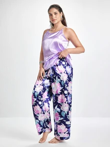 Slumbrini Mature Elegant Floral Pattern & Solid Color Camisole & Pants Plus Size Women Pajama Set - Purple - View 7