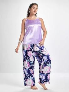 Slumbrini Mature Elegant Floral Pattern & Solid Color Camisole & Pants Plus Size Women Pajama Set - Purple - View 1