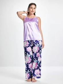 Slumbrini Mature Elegant Floral Pattern & Solid Color Camisole & Pants Plus Size Women Pajama Set - Purple - View 5