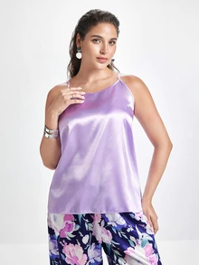 Slumbrini Mature Elegant Floral Pattern & Solid Color Camisole & Pants Plus Size Women Pajama Set - Purple - View 8
