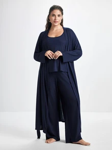 Slumbrini 3pcs Women Plus Size Solid Color Casual Knit Tank Top, Pants And Robe Set Plus Size Loungewear Set PJS With Robe Women Lounge Wear Sets Sleepwear - Navy Blue - View 4