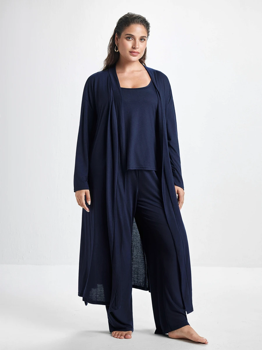 Slumbrini 3pcs Women Plus Size Solid Color Casual Knit Tank Top, Pants And Robe Set Plus Size Loungewear Set PJS With Robe Women Lounge Wear Sets Sleepwear - Navy Blue - View 1