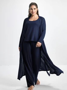 Slumbrini 3pcs Women Plus Size Solid Color Casual Knit Tank Top, Pants And Robe Set Plus Size Loungewear Set PJS With Robe Women Lounge Wear Sets Sleepwear - Navy Blue - View 6