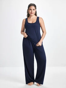 Slumbrini 3pcs Women Plus Size Solid Color Casual Knit Tank Top, Pants And Robe Set Plus Size Loungewear Set PJS With Robe Women Lounge Wear Sets Sleepwear - Navy Blue - View 3