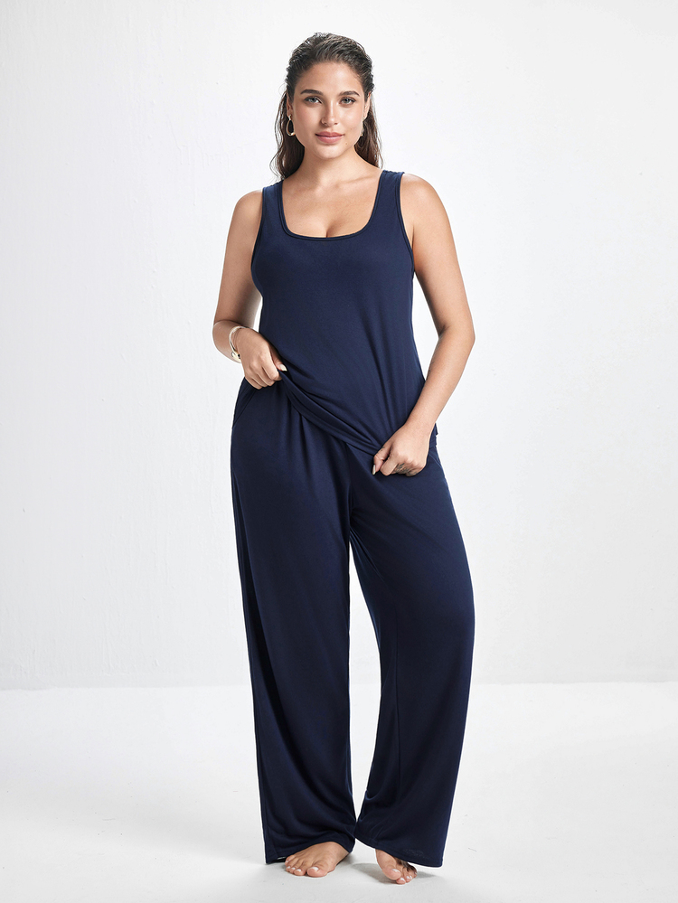 Slumbrini 3pcs Women Plus Size Solid Color Casual Knit Tank Top, Pants And Robe Set Plus Size Loungewear Set PJS With Robe Women Lounge Wear Sets Sleepwear - Navy Blue - View 3